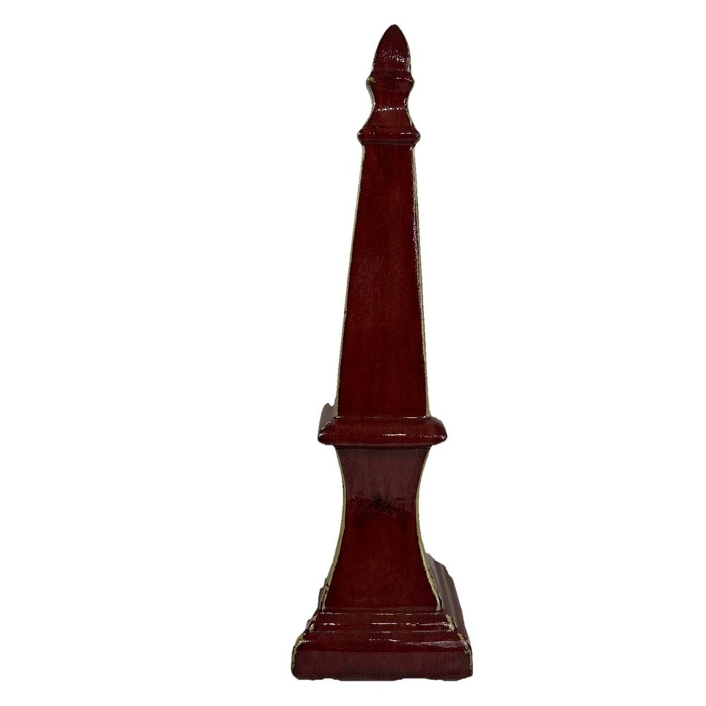 Ceramic Obelisk Architectural Interior Decor 20" Burgundy Sculpture Gold Trim